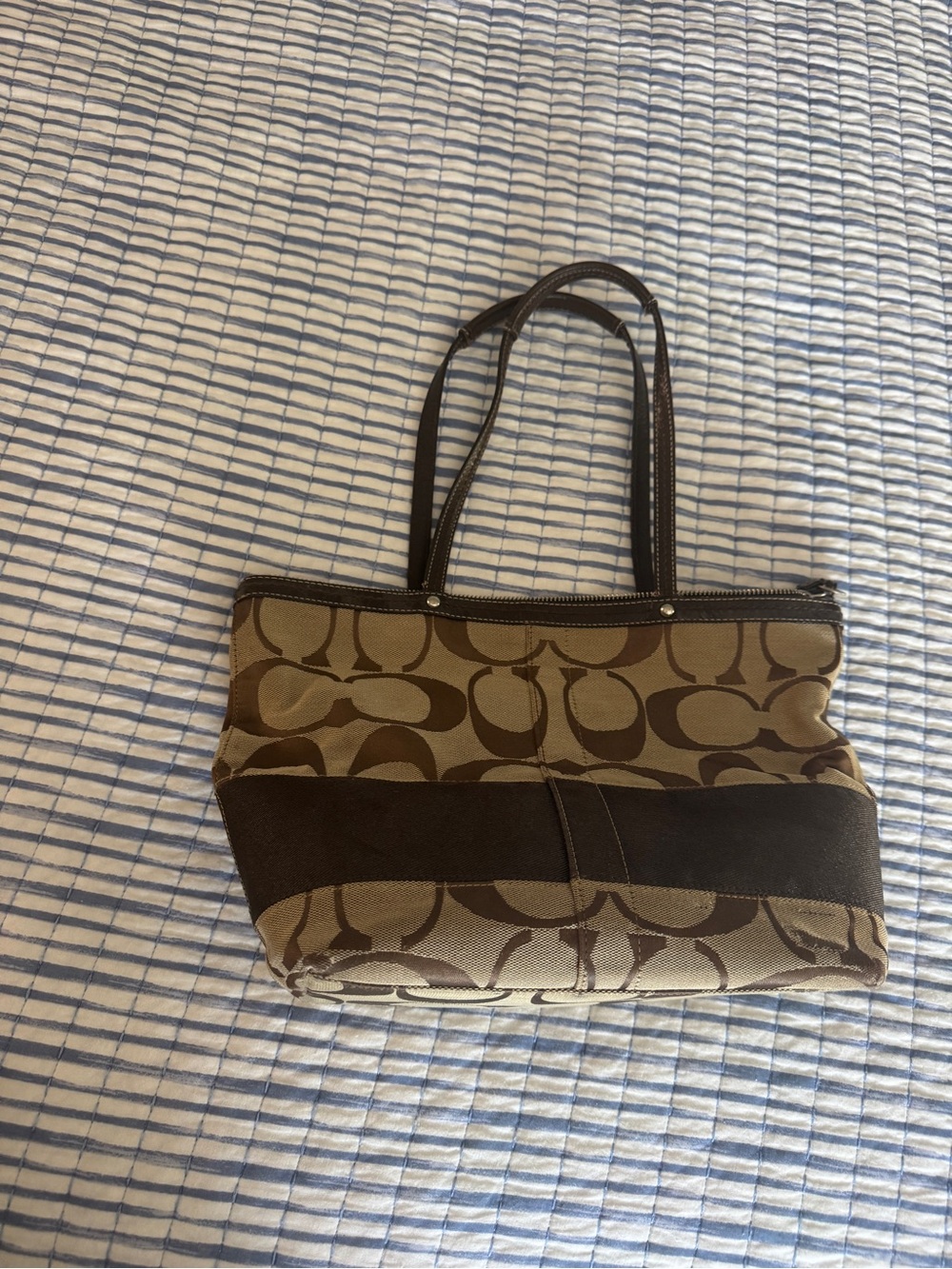 Coach Brown Signature Canvas Shoulder Tote with Dark Trim